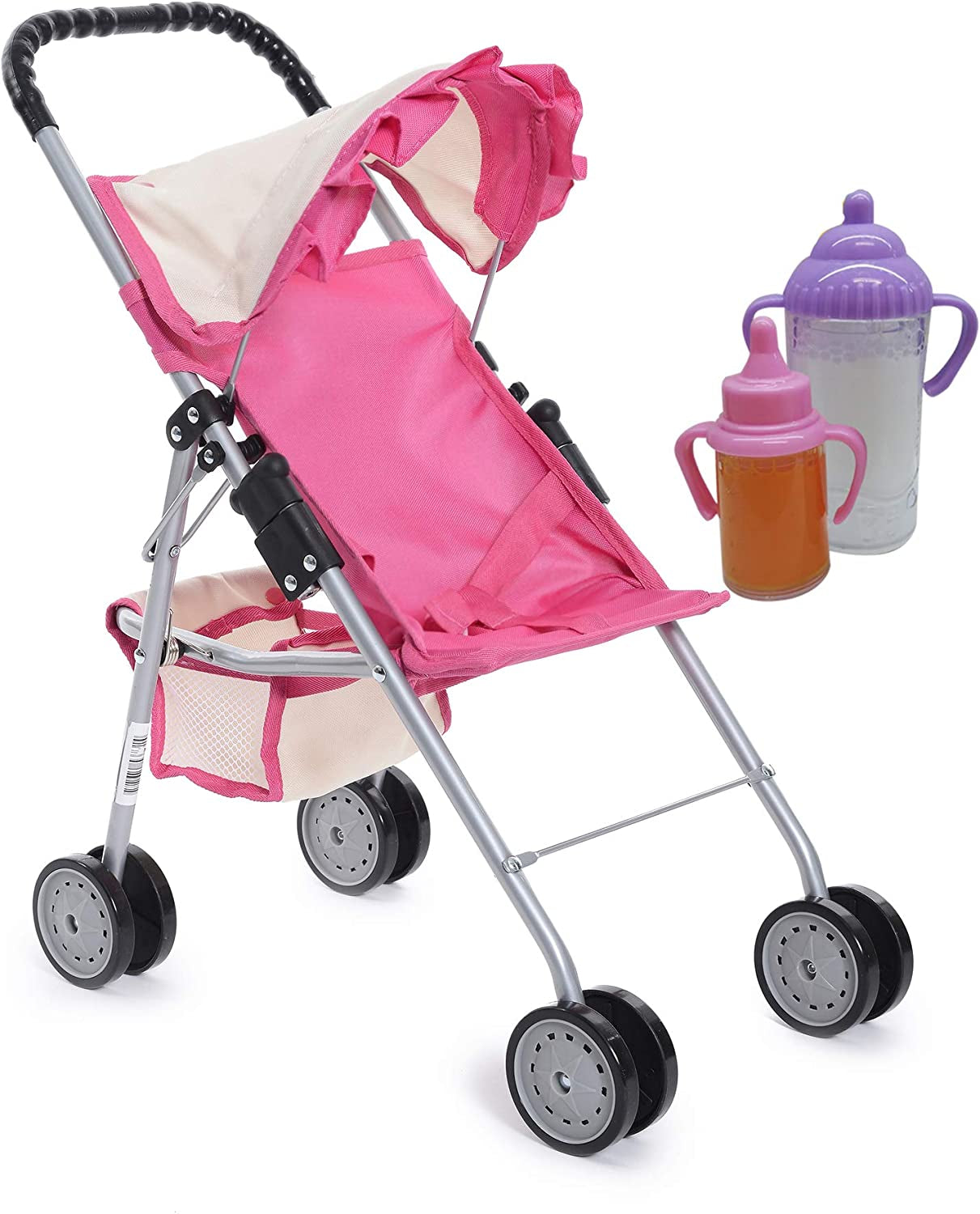 My First Doll Stroller with Basket - Pink Off-White Foldable Doll Stroller - Fits Upto 18" Dolls, 2 Free Magic Bottles Included