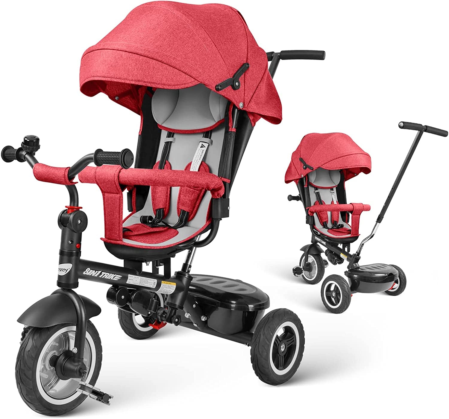 Kids Tricycle, Baby Trike, 8-In-1 Kids Stroller Tricycle with Adjustable Push Handle, All Terrain Rubber Wheel, Reversible Seat(Red)
