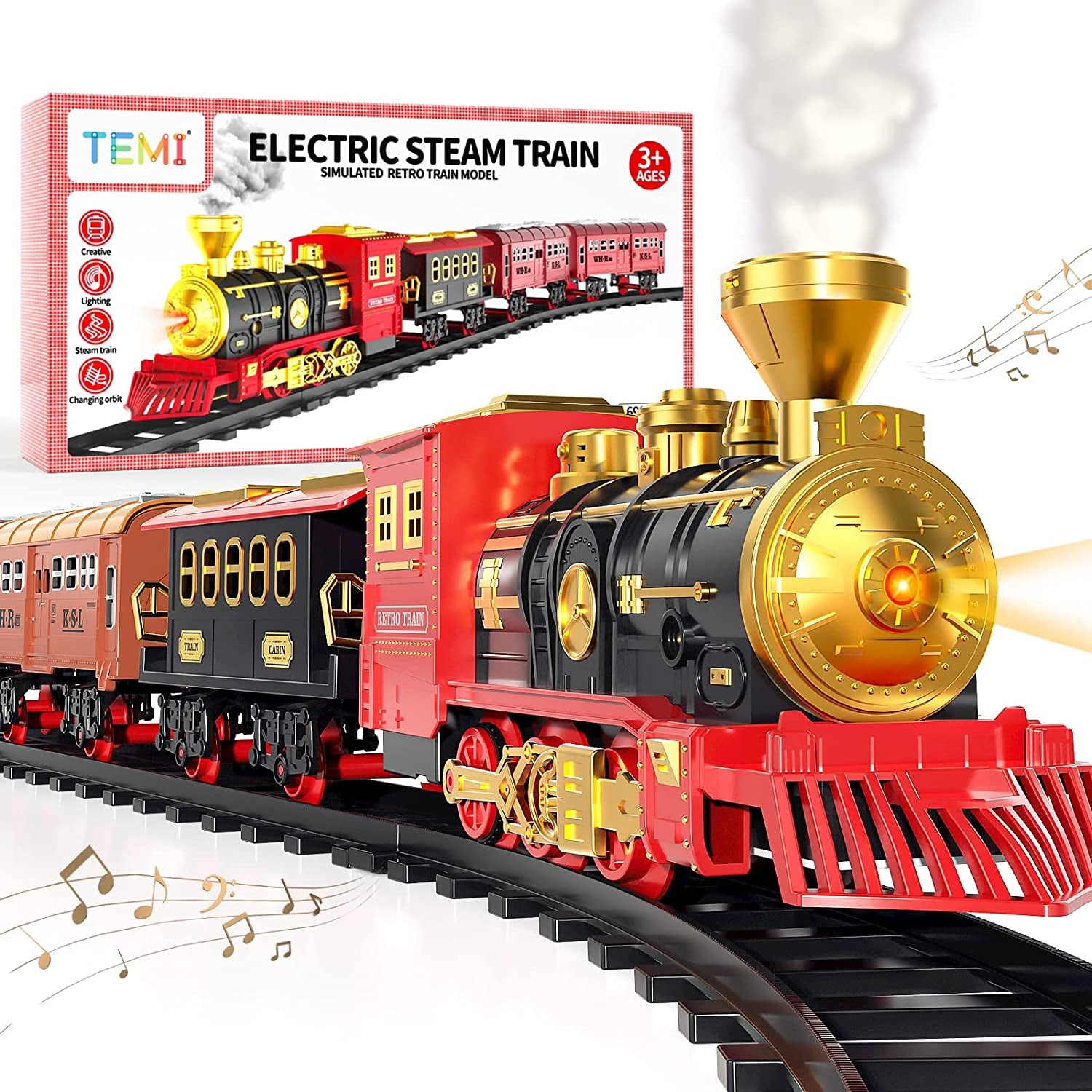 Train Set with Steam Locomotive Engine, Cargo Car and Long Track for Toddlers 3-5, Rechargeable Battery Operated Play Train Toys with Smoke, Light & Sounds, Gift for Kids, Boys & Girls 4-7 Years