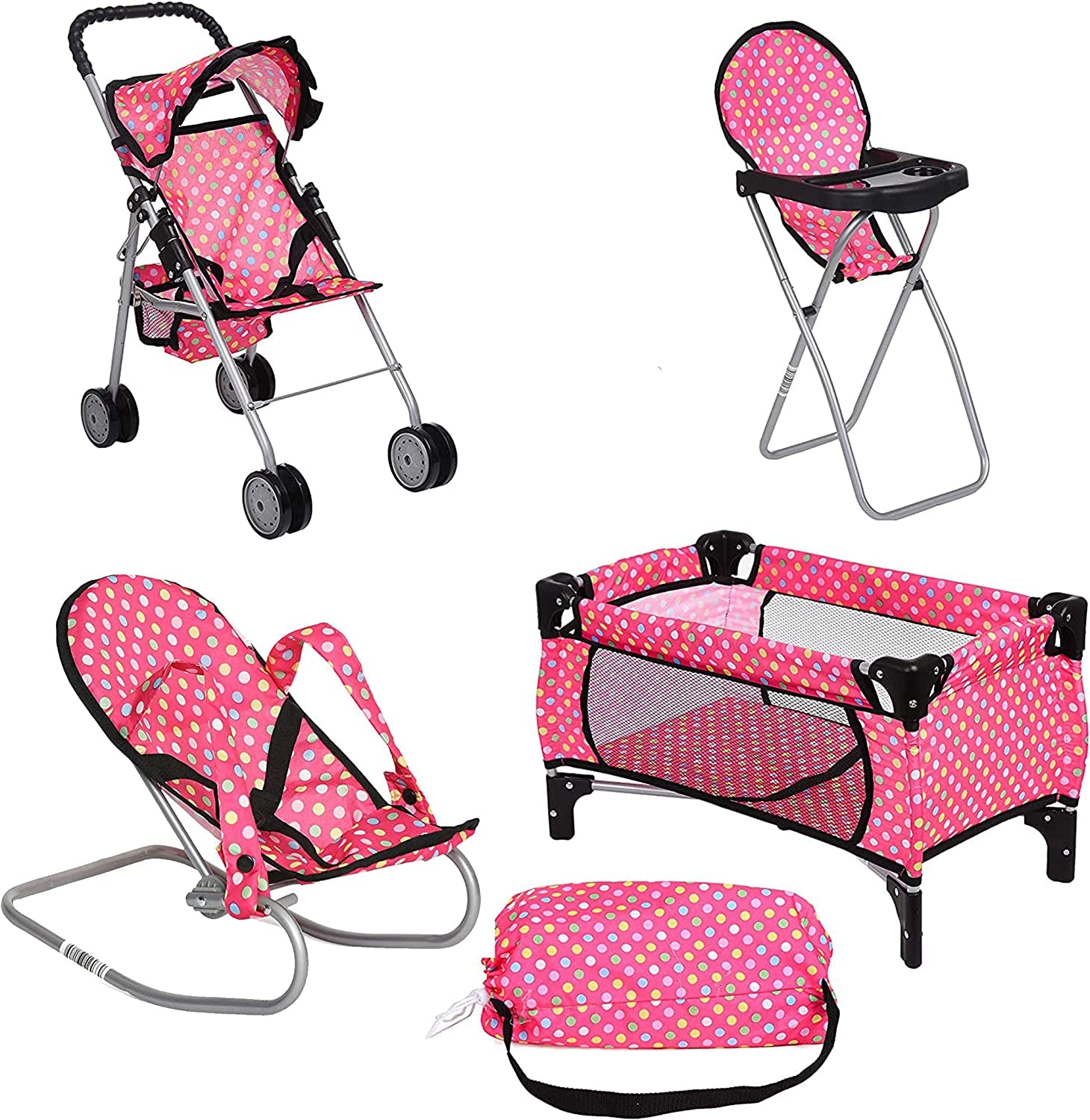 4 Piece Doll Play Set, Includes - 1 Pack N Play. 2 Doll Stroller 3.Doll High Chair. 4.Infant Seat, Fits up to 18'' Doll (4 Piece Set)