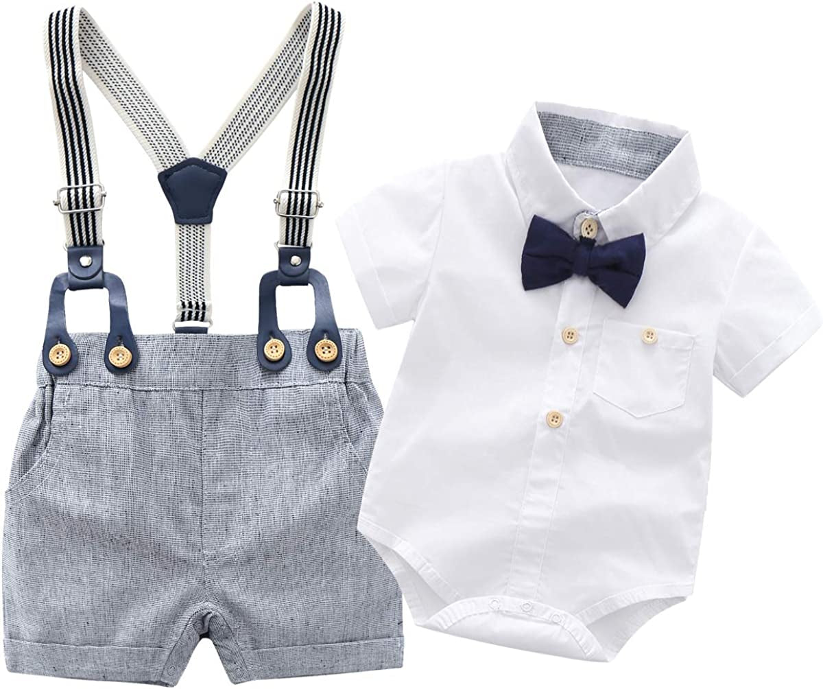 Baby Boys Gentleman Outfits Suits, Infant Short Sleeve Shirt+Bib Pants+Bow Tie Clothes Set