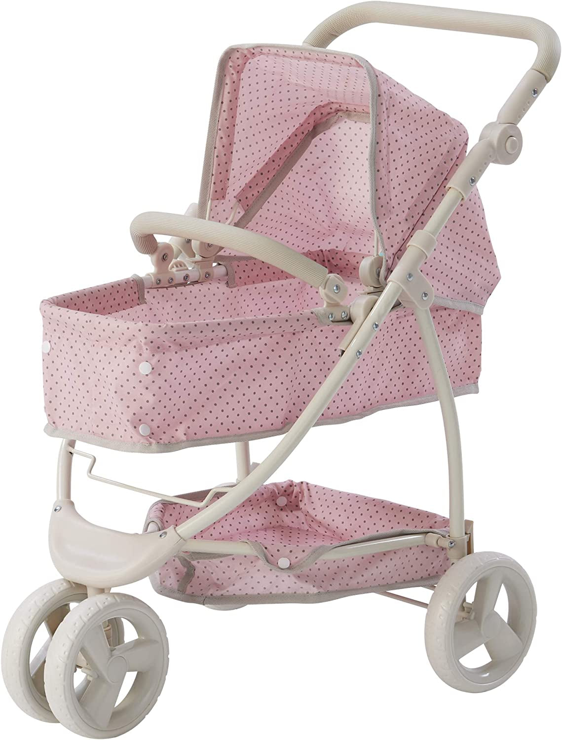 Olivia'S Little World Baby Doll Stroller Polka Dots Princess Collection, Convertible Doll Pram with Storage Basket for 18" Dolls, Pink & Gray