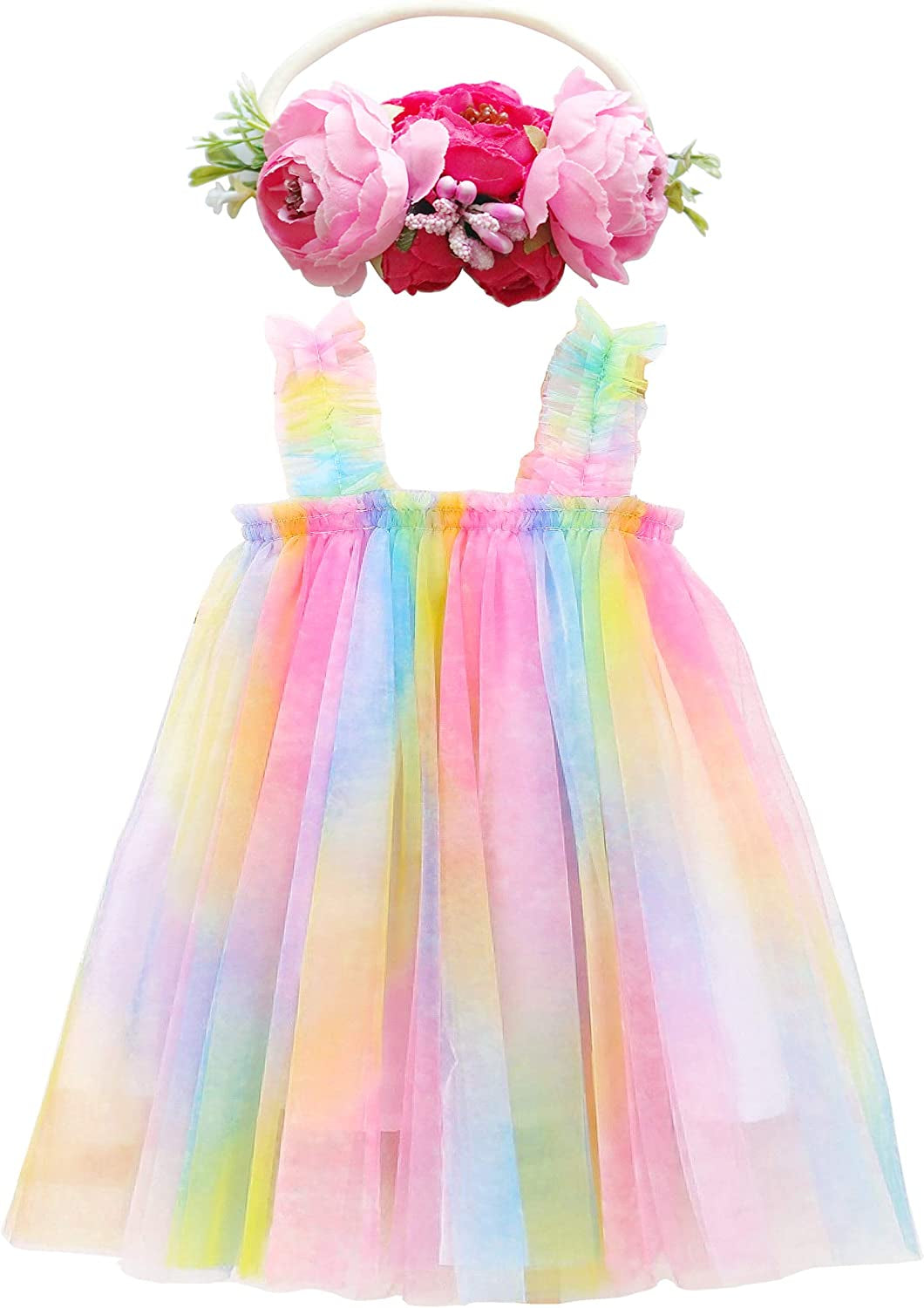 Layered Tulle Tutu Dress for Toddler Girls,Baby Girl Rainbow Tutu Princess Skirt Set with Flower Headband.