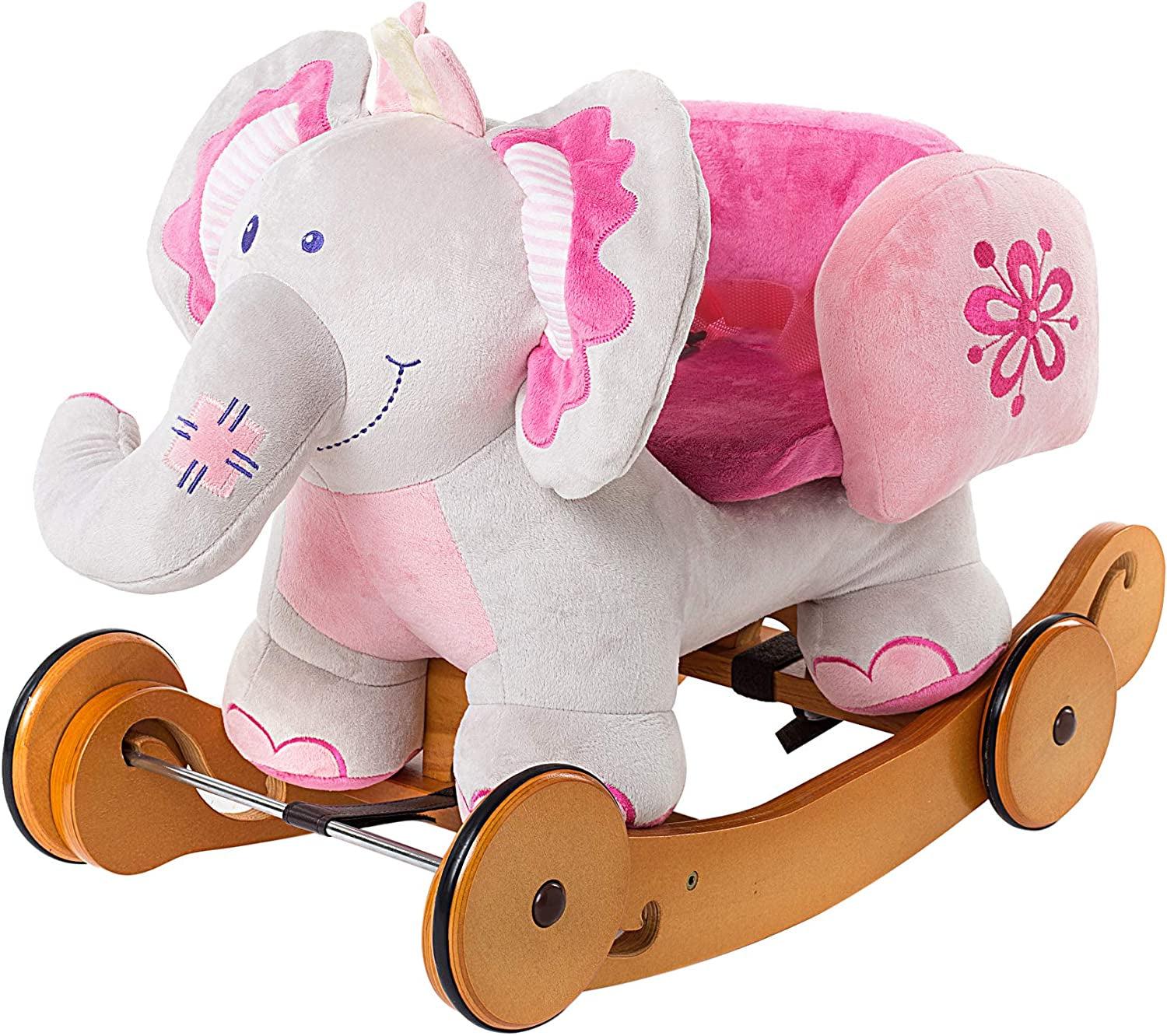 '- Plush Rocking Horse, Pink Ride Elephant, Stuffed Rocker Toy for Child 1-3 Year Old, Kid Ride on Toy Wooden, 2 in 1 Rocking Animal with Wheel for Infant/Toddler(Girl&Boy),Nursery Birthday Gift