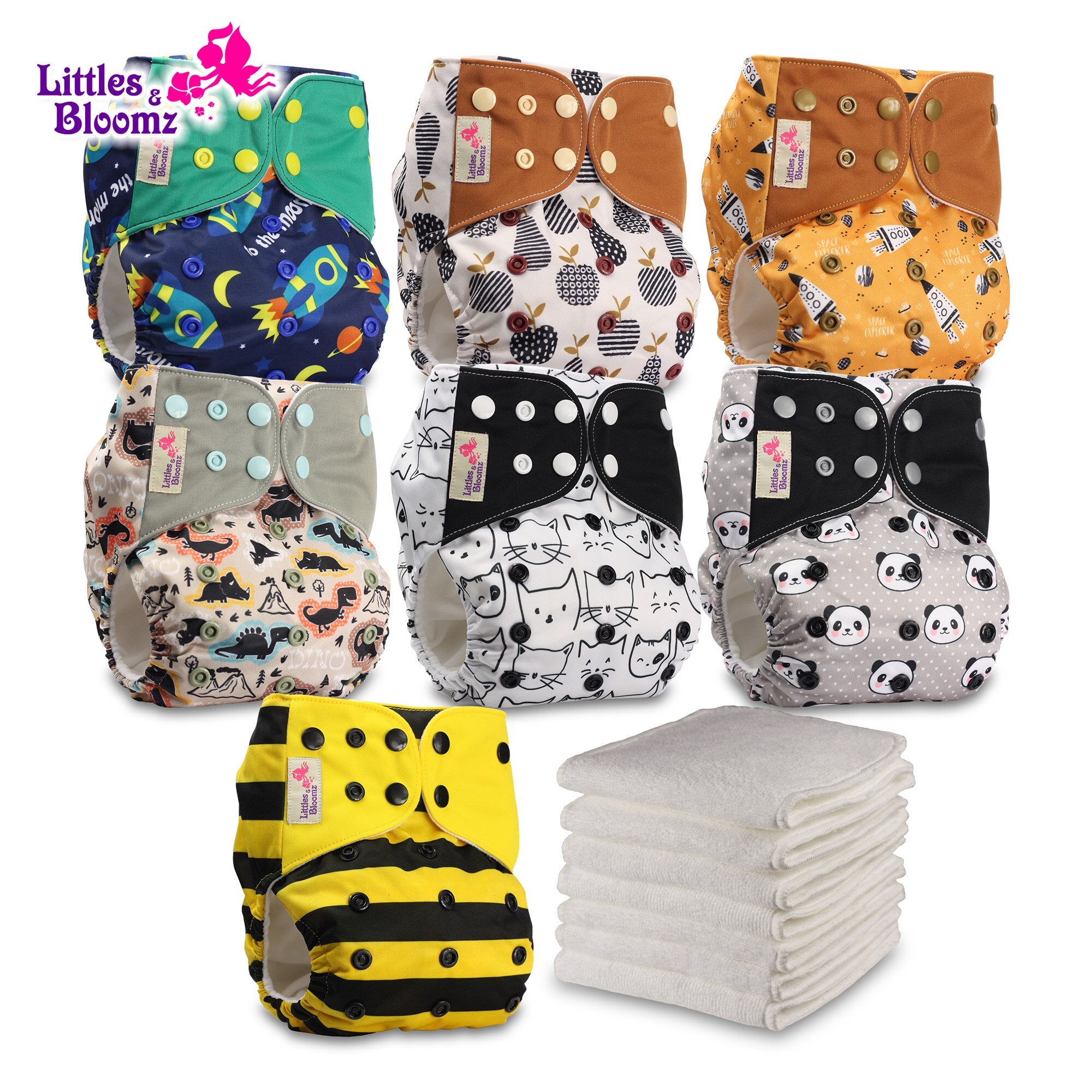 [Littles&Bloomz]7 Diapers +7 Inserts in One Set Baby Washable Reusable Real Cloth Pocket Ecological Nappy Diaper Cover Boy Girl