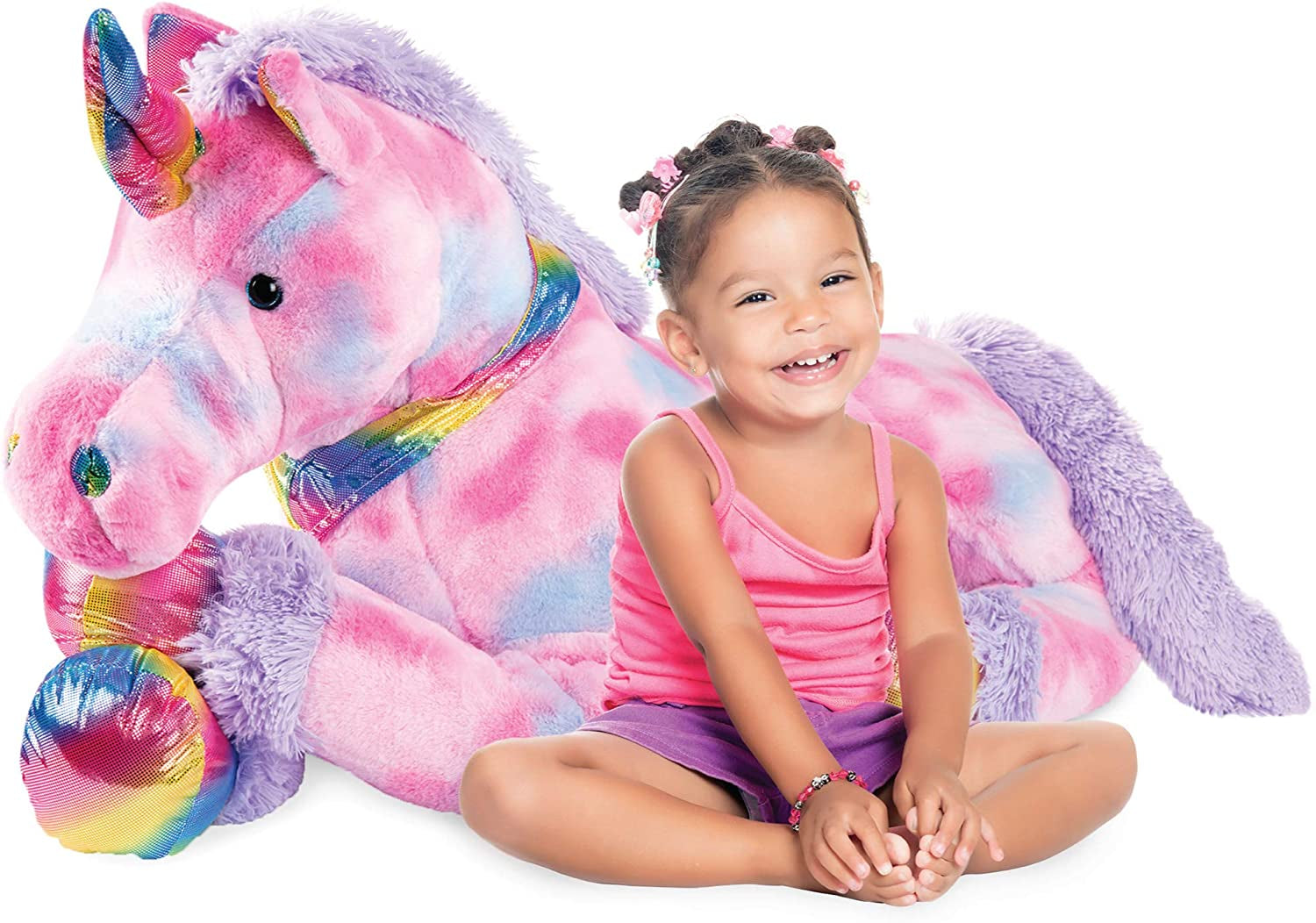 52In Kids Extra Large Plush Unicorn, Life-Size Stuffed Animal Toy W/Rainbow Details - Tie-Dye Faux Fur